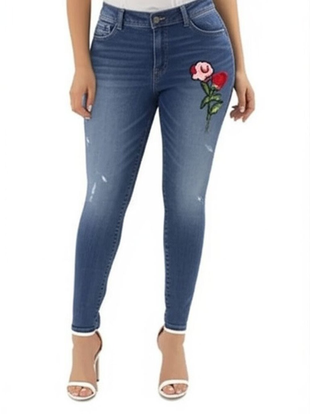 Rewash Juniors High Rise Skinny Jeans - Blue Floral Embroidery (Size 13/31)